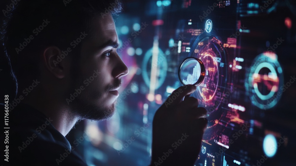 Poster cybersecurity analyst investigating digital data through magnifying glass on futuristic interface