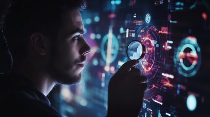 Cybersecurity Analyst Investigating Digital Data Through Magnifying Glass on Futuristic Interface
