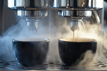coffee cup latte art placed on coffee maker machine steam in coffee shop cafe