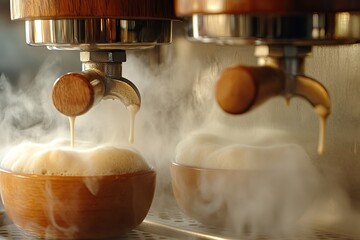 coffee cup latte art placed on coffee maker machine steam in coffee shop cafe