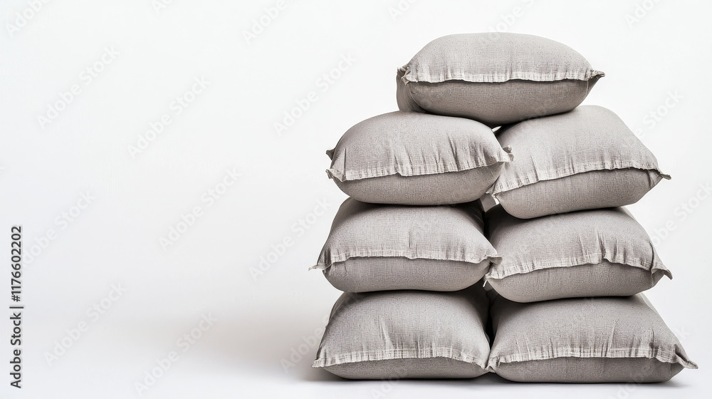 Poster minimalist stack of soft, gray pillows arranged neatly on white background, creating serene and calm