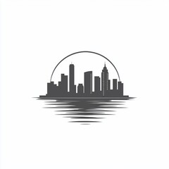 Naklejka premium Silhouette of a city skyline reflected on water, with a circular sun.