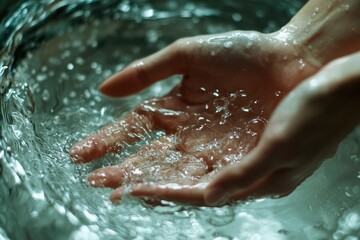 Fototapeta premium Person washing hands with water flowing from faucet in bathroom, hygiene and cleanliness concept