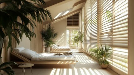 Obraz premium Sunlit bedroom, minimalist beds, plants, window blinds.