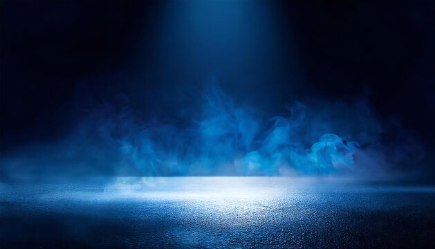 煙のある暗いアスファルトの背景素材。ライトアップされた暗いステージ。Dark asphalt background with smoke. Illuminated dark stage.