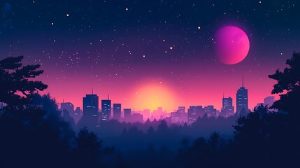 Futuristic Cityscape at Night A Stunning Pink Moon and Starry Sky Backdrop for Digital Art, Websites, and Video Games