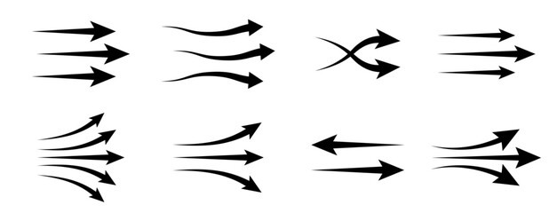 Arrows showing air flow. Air flow vector. Wind flow arrow direction collection vector. Air conditioner air flow direction set.