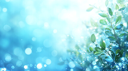 Fototapeta premium Delicate green leaves with sparkling water droplets and soft blue bokeh background, creating a serene and refreshing natural scene