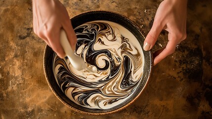 A person is stirring a bowl of paint with a spoon