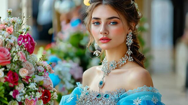 pretty woman wearing luxurious blue gown with diamond emerald necklace and earrings at luxurious hotel decorated with flowers 