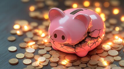 Cracked piggy bank surrounded by coins, depicting financial crisis.