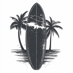 Vintage surfboard graphic art design with palm trees.