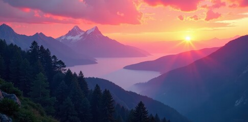 Fototapeta premium Misty mountain range at sunrise, vibrant hues, outdoor, mountain, scenic view