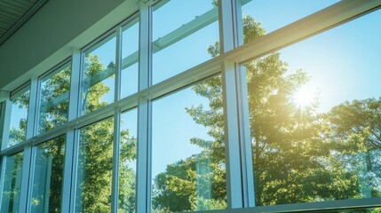 Fototapeta premium Sunlight streams through large windows, showing trees.