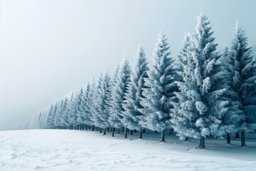 Fototapeta premium A row of frosted pine trees stand tall in a snowy landscape. AI generative. .