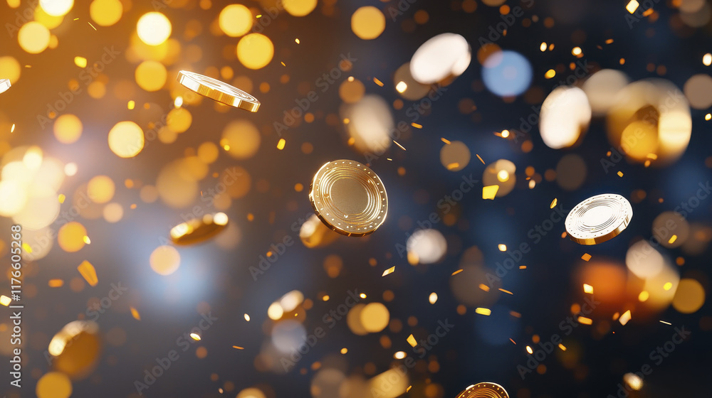 Poster falling coins create dazzling display of golden light and sparkles, evoking sense of excitement and 