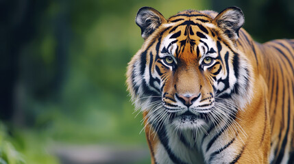 Fototapeta premium majestic tiger with striking orange and black stripes, showcasing its powerful presence in lush green environment. animal intense gaze captivates viewer