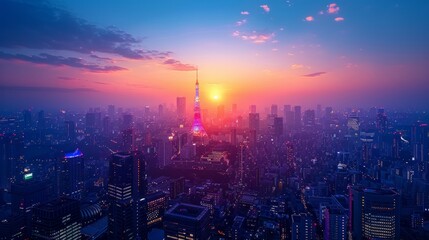 Fototapeta premium Aerial view of Tokyo skyline with illuminated tower at sunset. AI generative. .