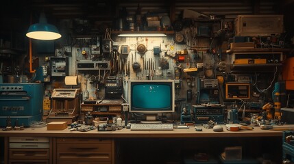 Retro computer repair shop, cluttered workbench, tools, night