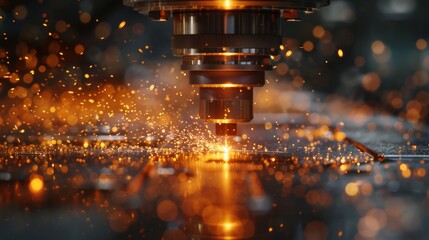 Close-up of a metal cutting machine with sparks flying. AI generative. .
