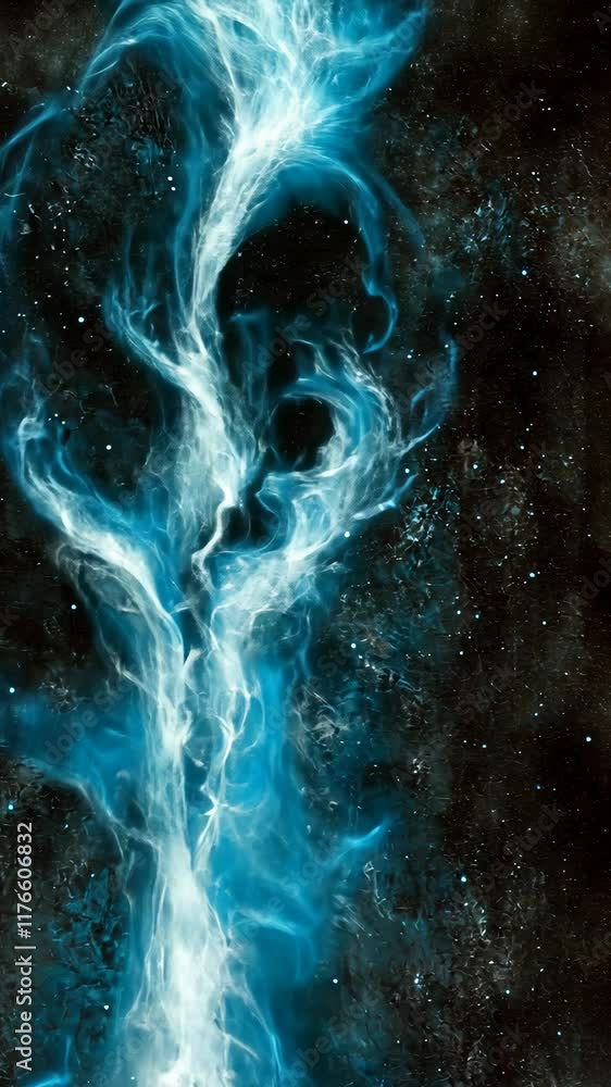 Poster mysterious blue cosmic swirl against a starry black background evokes the wonders of the universe in
