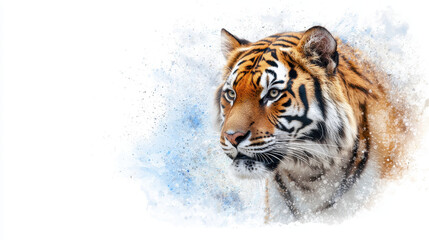 vibrant tiger portrait showcasing its striking orange and black stripes, with soft watercolor background that enhances its majestic presence