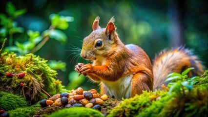 Fototapeta premium High-angle shot: A squirrel, nature's nut scavenger, diligently forages, captured in stunning aerial wildlife photography.