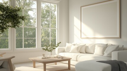Mockup frame in farmhouse living room interior, 3d render