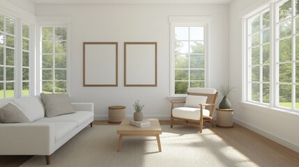 Fototapeta premium Mockup frame in farmhouse living room interior, 3d render