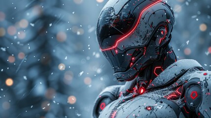 A futuristic robotic helmet with glowing red lights, covered in snow. AI generative. .