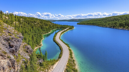 scenic view of winding road along vibrant blue lake surrounded by lush green forests and mountains under clear blue sky. landscape evokes tranquility and natural beauty