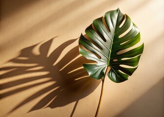 High-contrast floral silhouette against a beige wall, featuring a Monstera leaf shadow.