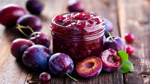 Freshly made plum jam in a glass jar, surrounded by ripe plums on a rustic wooden table