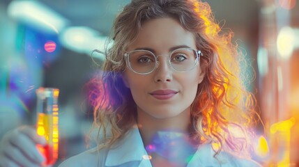 Female Chemist Holding Test Tube in Vibrant Lab Setting