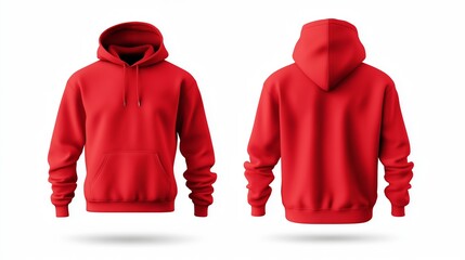 Red hoodie mockup showing both front and back views 3D rendering of an empty crewneck hooded sweatshirt isolated for a loose overall fabric jumper. Generated by AI.