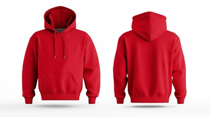 Red hoodie mockup showing both front and back views 3D rendering of an empty crewneck hooded sweatshirt isolated for a loose overall fabric jumper. Generated by AI.