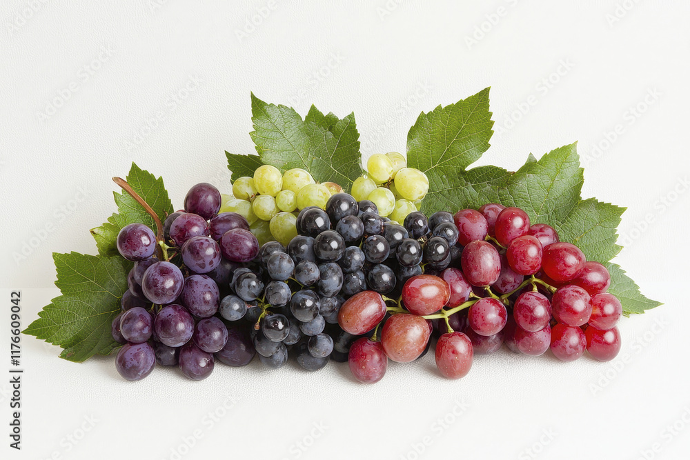 Poster fresh assorted grapes in various colors with green leaves create vibrant display. this arrangement s