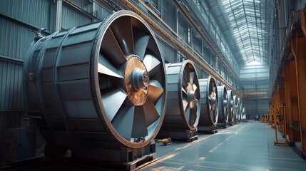 Obraz premium Large industrial fans inside a spacious factory.