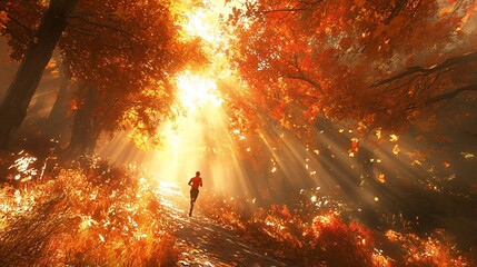 Runner in autumn forest, sunrise, path