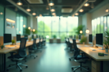 Modern open space business office interior without people with blurred bokeh light background....