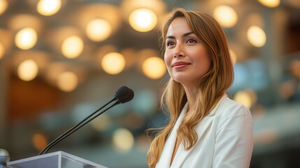 Confident Female Speaker at Podium with Bright Lights