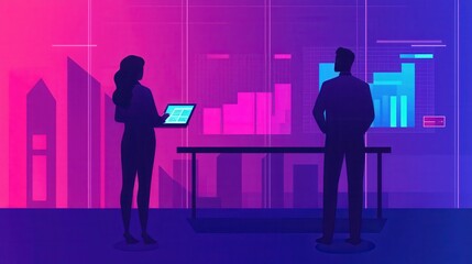 Obraz premium Professional Business Meeting in Glass-Walled Office with Vibrant Colors and Data Visualizations for Modern Corporate Environments