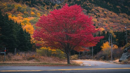 Vibrant red maple roadside autumn foliage mountains
