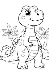Fototapeta premium Cute dinosaur,coloring book,still life,black line art,white background,clean outline art, rule of thirds,Generative Ai 