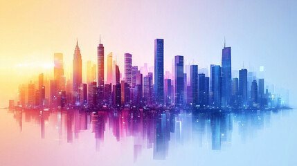 Fototapeta premium A modern vector cityscape with sleek skyscrapers and clean lines, vibrant gradient tones of blue and purple, minimalistic and futuristic style on a white background
