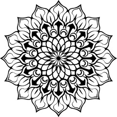 Circle floral ornament. Flower mandala. Vector illustration, black and white color