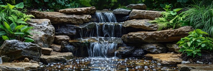 Water cascading over mossy rocks, lush greenery surrounds a tranquil pond. AI generative. .
