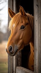 Obraz premium Chestnut horse peering from barn stall.
