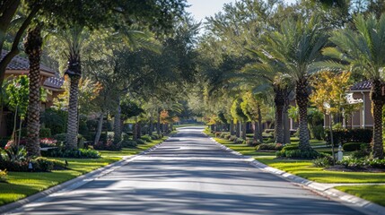 Obraz premium A paved road lined with lush palm trees and houses. AI generative. .