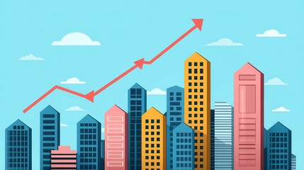 Obraz premium Urban Cityscape with Rising Sales Graph Illustrating Positive Commerce Trends in a Vibrant and Colorful Skyline Against a Bright Blue Sky